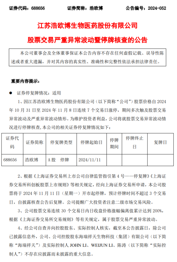 正规股票配资软件 “牛市的第一只停牌股”来了！7连板科创板公司浩欧博停牌核查